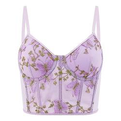 Testudineus Frauen Chic Floral bestickt Korsett Top Spaghettiträger Sheer Mesh Push Up Bustier Bralette, violettfarbener schmetterling, Large von Testudineus