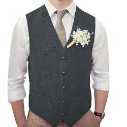 Teukuire Herren V-Ausschnitt Anzugwesten Slim Fit Casual Business Formal Fischgrätenmuster Tweed Wolle Weste Hochzeit Trauzeugen Anzug Weste, GRAU, XXX-Large von Teukuire