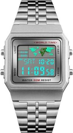 Tevimpeya Digitale Herren-Sportuhr mit Weltzeit-Hintergrundbeleuchtung, bis 30 m wasserdicht, für den Außenbereich, Business-Armbanduhr, silber, M von Tevimpeya