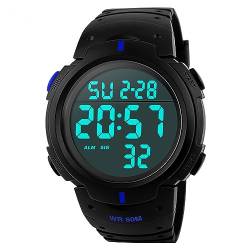 Tevimpeya Herren Quarz Digitaluhren, 50M wasserdichte elektronische Sportuhr, Outdoor Camping Leuchtende Digitaluhr Armband aus PU, Rot, blau, M von Tevimpeya