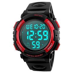 Tevimpeya Herren Quarz Digitaluhren, Unisex 50M Wasserdicht Elektronische Sportuhr, Outdoor Camping Leuchtende Digitale Uhrenarmband aus PU, Blau, rot, M von Tevimpeya