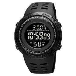 Tevimpeya wasserdichte Multifunktions-Digital-Sportuhr für Herren, Stoppuhr/Timer/Alarm, Datum/Tag-Anzeige, Vollzeit-Gong, EL-Hintergrundbeleuchtung, Temperaturüberwachung, schwarzes PU-Armband von Tevimpeya