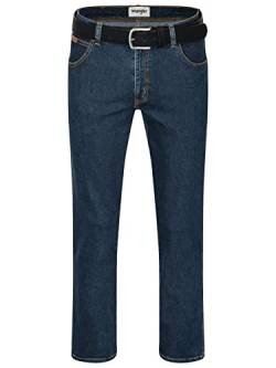 Wrangler Stretch Herrenjeans mit Gürtel in schwarz oder braun (W46/L32, Darkstone + schwarzer Gürtel) von Texas