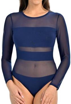 Teyli Bodysuit Women Damen Body Elegant - Mesh Top Body Langarm Damen - Body Damen Langarm Bodysuit Women Langarm aus Viskose und Mesh Blau XL von Teyli