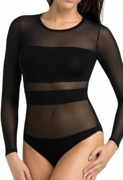 Teyli Bodysuit Women Damen Body Elegant - Mesh Top Body Langarm Damen - Body Damen Langarm Bodysuit Women Langarm aus Viskose und Mesh Schwarz M von Teyli