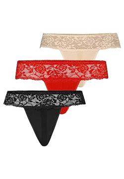 Teyli Damen String Tanga aus Mesh mit Spitze 3er Pack Schwarz Rot Beige S von Teyli