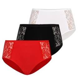 Teyli Unterwäsche Frauen Pantys Damen aus Hochwertiger Baumwolle - Slips Damen-Unterhosen Damen Unterwäsche - Frauen Unterwäsche Pantys Damen Slips mit Spitze Verziert 3er Pack Schwarz Weiß Rot XS von Teyli