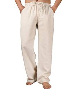 ThCreasa Herren-Loungehose, elastisch, mit Kordelzug, Baumwolle, Leinen, mit Taschen, Khaki, Groß von ThCreasa