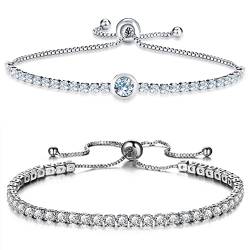 2 Stück Strass-Perlen-Armbänder, Kristall-Intarsien-Push-Pull-Armbänder, Silberne Modearmbänder, klassische glitzernde Strassarmbänder, verstellbare Armbänder für Frauen, Mädchen, Teenager von Thajaling