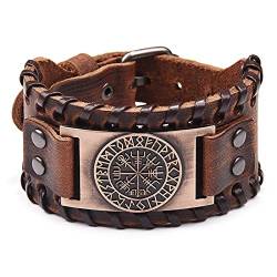 Braunes Wikingerarmband – verstellbarer Armreif mit Vegvisir-Kompass nordisches Amulett – keltischer heidnischer Schmuck des Talismans, 18 to 22.5cm, Leder von Thajaling