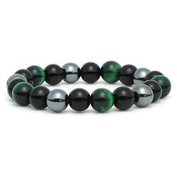 Dreifach-Schutz-Armband, 10 mm Obsidian-Kristall-Armband, grünes Tigerauge-Stein-Armband, Natürliches Edelstein-Armband, dreifarbiges Perlenarmband für Frauen, Magnetit-Perlenarmband für Männer von Thajaling