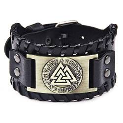 Schwarz Breite Lederarmband Herrenarmband Geflochten Echtlederarmband Armreif Wikinger Totem Odin Muster Retro Armband von Thajaling