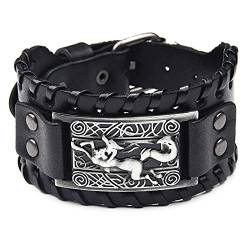 Schwarzes Lederarmband Antik Silber Viking Fox Celtic Knot Irische Manschette Breite Lederarmbänder Punk-Stil Armband Armreifen von Thajaling