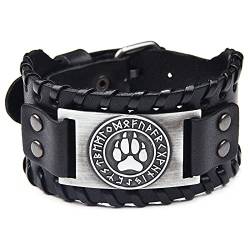 Schwarzes Lederarmband Antik Silber Wikinger Wolf Bär Pfote Nordische Runen Leder Armband für Männer, Punk Retro Schmuck für Männer von Thajaling