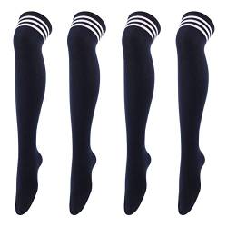 Thajaling 2 Stück Frauen über Knie Oberschenkel Socken, Dreifach-Streifen hohe Strumpfhosen lange Strümpfe, weiche Stretch Socke für tägliche Kleidung, Cosplay (Marineblau) von Thajaling