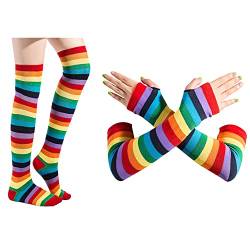 Thajaling Damen Regenbogen Socken Handschuhe Set,Bunter Regenbogen Streifen Lange Strickhandschuhe Socken,Gestreifte Kniestrümpfe Armwärmer Fingerlose Handschuhe Set von Thajaling