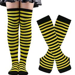 Thajaling Damen Socken,Gestreifte Warme Fingerlose Handschuhe Kniehohe Socken Set,Mädchen Cosplay Gestreifte Lange Socken Hole Fäustlinge Handschuhe für Halloween (Gelb/Schwarz) von Thajaling