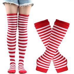 Thajaling Damen Socken,Gestreifte Warme Fingerlose Handschuhe Kniehohe Socken Set,Mädchen Cosplay Gestreifte Lange Socken Hole Fäustlinge Handschuhe für Halloween (Rot/Weiß) von Thajaling