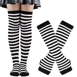 Thajaling Damen Socken,Gestreifte Warme Fingerlose Handschuhe Kniehohe Socken Set,Mädchen Cosplay Gestreifte Lange Socken Hole Fäustlinge Handschuhe für Halloween (Schwarz/Weiß) von Thajaling