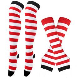 Thajaling Damen Socken,Gestreifte Warme Fingerlose Handschuhe Kniehohe Socken Set,Mädchen Cosplay Gestreifte Lange Socken Hole Fäustlinge Handschuhe für Halloween (Schwarz/Weiß/Rot) von Thajaling