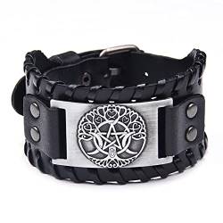 Thajaling Family Tree Life Wikinger Armband - Nordisches Armband mit Yggdrasil Amulett - heidnischer Schmuck von Mond und Stern Manschette Armband für Männer/Frauen Geschenk, Leder von Thajaling