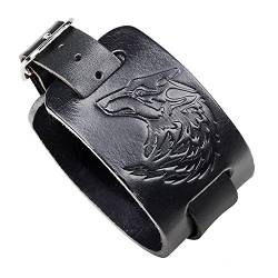 Thajaling Schwarzes Leder Armband Wolf Kopf Lederarmband Punk Style Wide Armreif Armband Lederarmbänder für Männer und Frauen von Thajaling