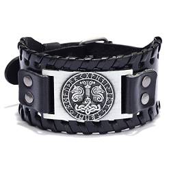 Wikinger Lederarmband, Nordisches Thors Hammer Armband, Odin Runen Totem breites Armband, Keltische Knoten-Manschetten-Armbänder, Vintage Rindsleder-Armband für Männer Frauen (Schwarz) von Thajaling