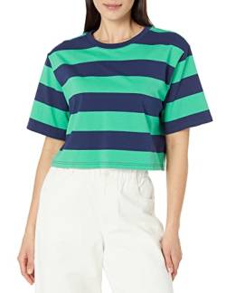 The Drop Damen Sydney T-shirt, Kurzer Cropped-stil, Rundhalsausschnitt, Marineblau/Jade Rugby Stripe, XXS von The Drop