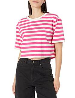 The Drop Damen Sydney T-shirt, Kurzer Cropped-stil, Rundhalsausschnitt, Pin-Streifen in Pink/Flüsterweiß, 3XL Große Größen von The Drop