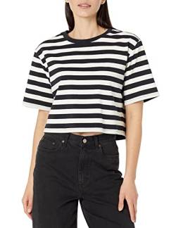 The Drop Damen Sydney T-shirt, Kurzer Cropped-stil, Rundhalsausschnitt, Schwarz/Flüsterweiß Nadelstreifen, XS von The Drop