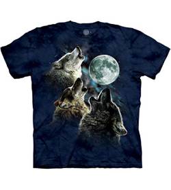 The Mountain Kurzarm-T-Shirt mit 3 Wölfen und Mond Gr. L, blau von The Mountain