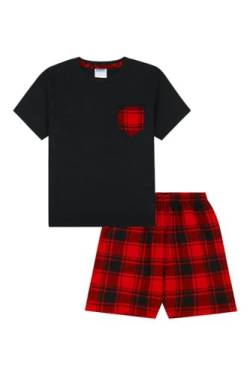 Jungen Schlafanzug Schwarz Rot Kariert Kurz Pyjama Set Kinder Baumwolle Pyjama, Schwarz , 13 - 14 Jahre von The Pyjama Factory