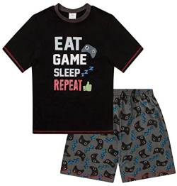 Kurzer Schlafanzug für Jungen, Eat Game Sleep Controller, 9 bis 15 Jahre Gr. 12-13 Jahre, Schwarz von The Pyjama Factory