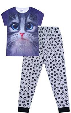 Mädchen-Schlafanzug, Motiv: schwarze Katze, 3D, blaue Augen, lang, Pfotenabdruck, 9 bis 16 Jahre Gr. 13-14 Jahre, Schwarz von The Pyjama Factory