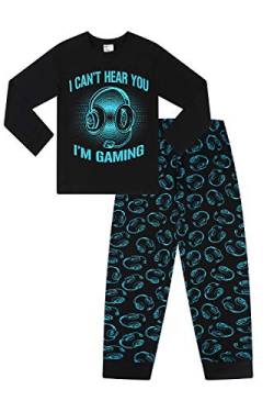 Can't Hear You I'm Gaming Schlafanzug aus Baumwolle, lang, Schwarz / Blau Gr. 146, Schwarz von The PyjamaFactory