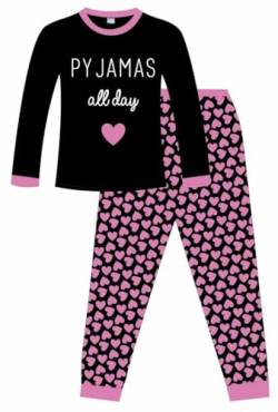 Cooler Schlafanzug Ganztägiger Schlafanzug Herz Rosa Schwarz Mädchen Baumwolle Pyjama Gr. 9-10 Jahre, Schwarz von ThePyjamaFactory