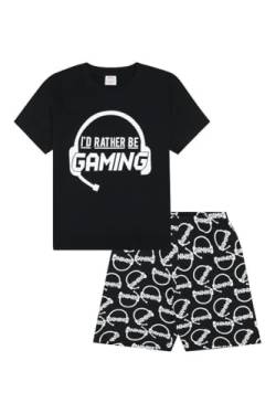 Jungen-Pyjama mit Aufschrift „Cool I'd Rather Be Gaming“ , Pyjama mit kurzer Hose, Baumwolle, Schwarz Gr. 11-12 Jahre, Schwarz von The PyjamaFactory