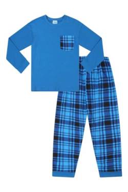 Kinder Jungen Schlafanzug Einfarbig Langarm Top & Gewebte Blau Tartan Karo Hose Gr. 13 Jahre, blau von The PyjamaFactory