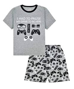 Kurzer Pyjama, Aufdruck: „I Had to Pause My Game to Be Here“, Motiv: Gaming-Controller, Grau Gr. 15-16 Jahre, grau von The PyjamaFactory