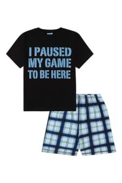 Kurzer Schlafanzug mit Aufschrift "I Paused My Game to Be Here", Grau / Schwarz Gr. 146, Schwarz von ThePyjamaFactory