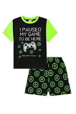 Kurzer Schlafanzug mit Aufschrift "I Paused My Game to Be Here", Schwarz / Grün Gr. 12-13 Jahre, Schwarz von The PyjamaFactory