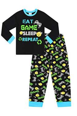 Schlafanzug für Jungen, Motiv: Eat Game, Schlafkontrolle, Schwarz / Grün, lang, 9 bis 15 Jahre, Schwarz , 13 - 14 Jahre von The PyjamaFactory