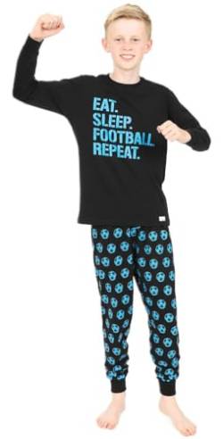 The PyjamaFactory Jungen Schlafanzug Eat Sleep Football Repeat lang Baumwolle Blau Unisex Gr. 7-8 Jahre, Schwarz von ThePyjamaFactory