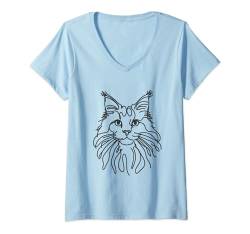 Damen Line Art Dad Mom Cat – Maine Coon Katze T-Shirt mit V-Ausschnitt von The Woof Wardrobe