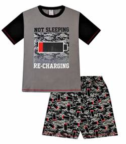 Boy's Not Sleeping Just Recharging Short Cotton Pyjama Grey Red, Grau, Rot, 12-13 Jahre von ThePyjamaFactory