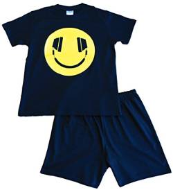 Kurzer, schwarzer Pyjama mit "Kopfhörer-Smiley"-Aufdruck für Jungen Gr. 11-12 Jahre, schwarz von ThePyjamaFactory