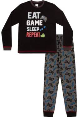 Schlafanzug für Jungen mit langen ärmeln und Aufdruck „Eat, Sleep, Game, Repeat“, 8 bis 15 Jahre Gr. 11-12 Jahre, schwarz von ThePyjamaFactory