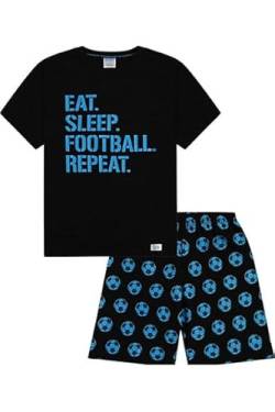 The PyjamaFactory Jungen Eat Sleep Football Repeat Kurzer Baumwoll-Schlafanzug Blau Unisex, Schwarz , 134 von ThePyjamaFactory