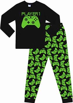 ThePyjamaFactory Jungen Mädchen Spieler 1 Gaming Controller Lang Baumwolle Schlafanzug Grün, Schwarz , 146 von ThePyjamaFactory