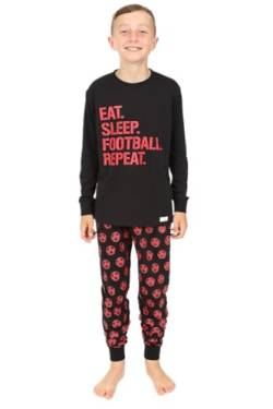 ThePyjamaFactory Jungen Schlafanzug Eat Sleep Football Repeat, lang, Baumwolle, Rot, Unisex, Schwarz , 134 von ThePyjamaFactory
